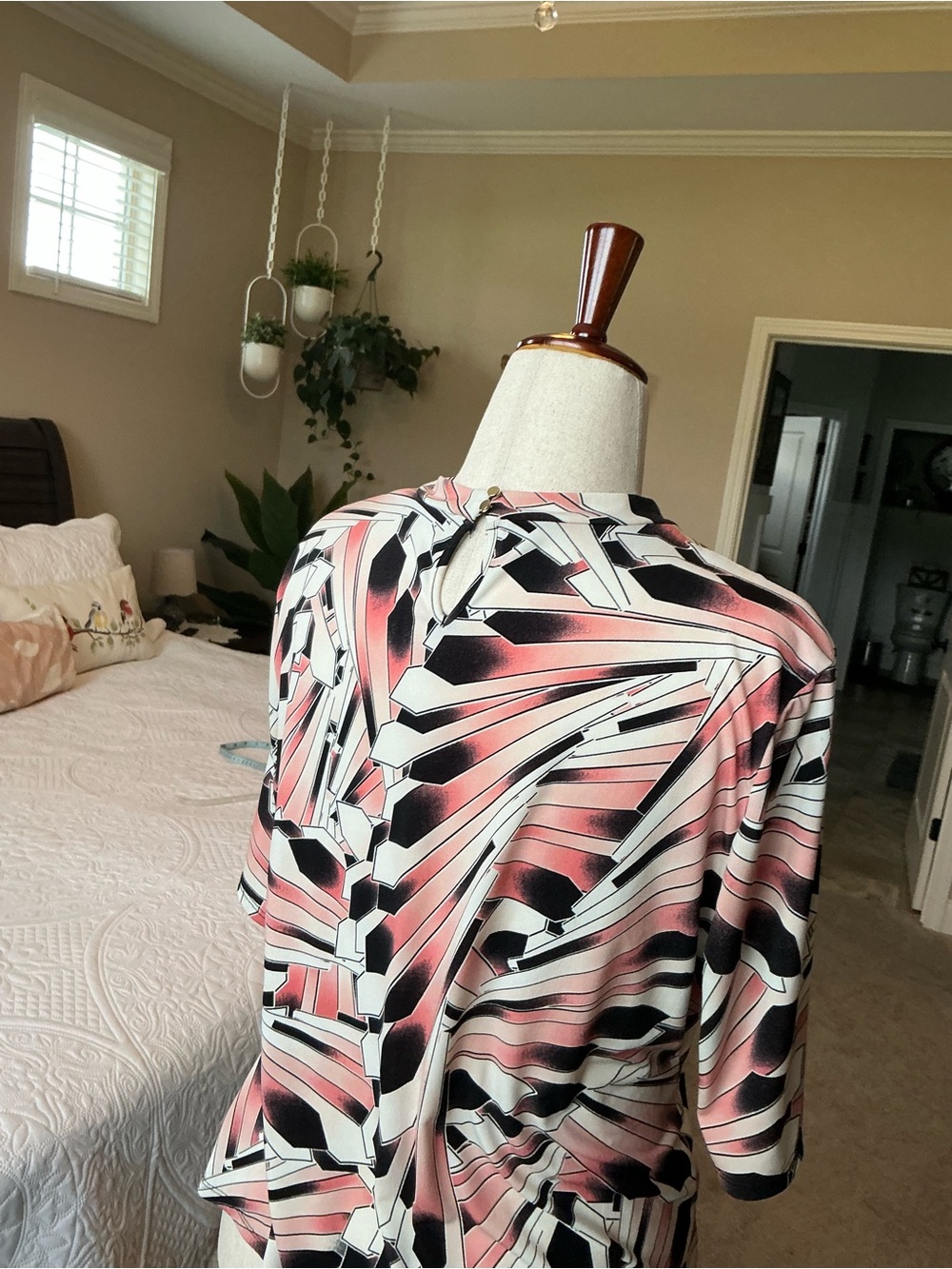 Geometric Tie-Neck Blouse in Pink/Black/Cream - Picture 2 of 5